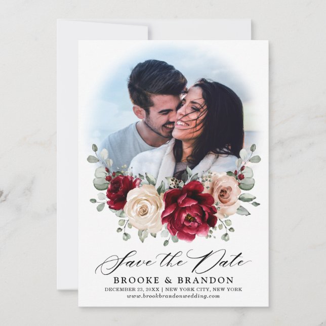 Burgundy Champagne Ivory Mauve Rose Floral Wedding Save The Date (Front)