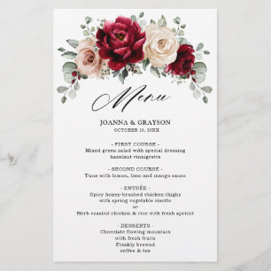 Burgundy Champagne Ivory Mauve Rose Wedding Menu