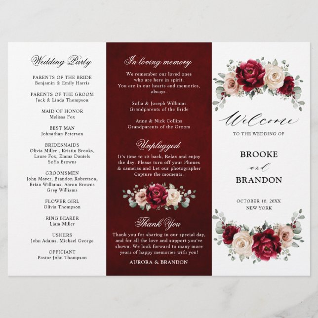 Burgundy Champagne Ivory Mauve Wedding Program (Front)