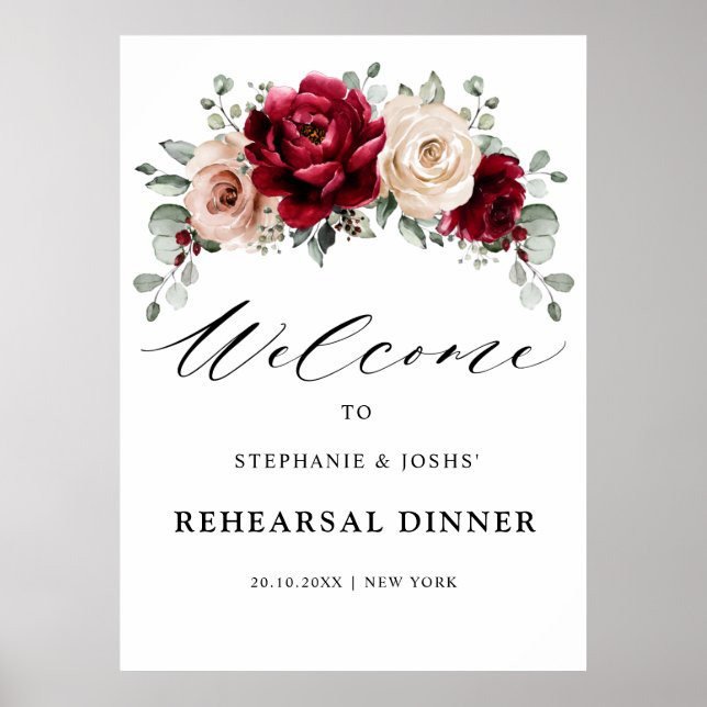 Burgundy Champagne Ivory Rehearsal Dinner Welcome Poster (Front)