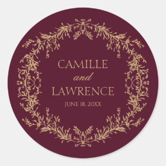 Burgundy Champagne Toile Floral Frame Wedding Classic Round Sticker
