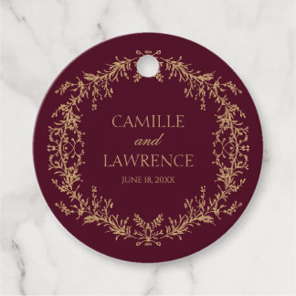 Burgundy Champagne Toile Floral Frame Wedding Favour Tags