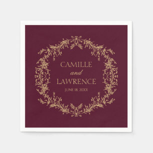 Burgundy Champagne Toile Floral Frame Wedding Napkin