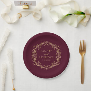 Burgundy Champagne Toile Floral Frame Wedding Paper Plate