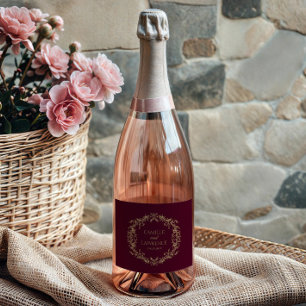 Burgundy Champagne Toile Floral Frame Wedding Sparkling Wine Label