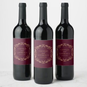 Burgundy Champagne Toile Floral Frame Wedding Wine Label