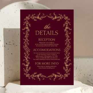 Burgundy Champagne Toile Floral Wedding Details Enclosure Card