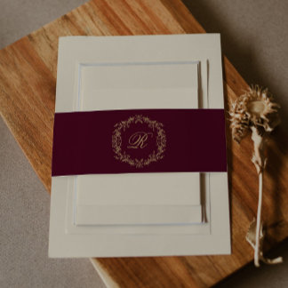 Burgundy Champagne Toile Floral Wedding Details Invitation Belly Band