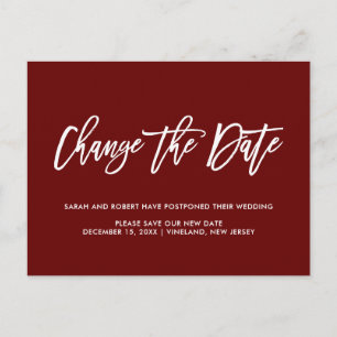 Burgundy Change date Postponed Cancelled wedding Announcement Postcard