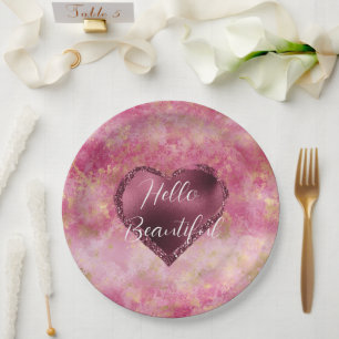 Burgundy Cherry Glitter Heart Paper Plate