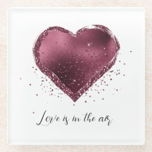 Burgundy Cherry Glitter Sparkle Heart Love Glass Coaster