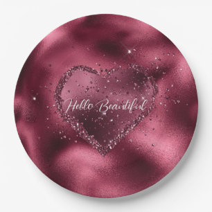 Burgundy Cherry Glitter Sparkle Heart Paper Plate