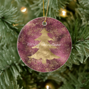 Burgundy Cherry Gold Glitter Christmas Tree  Ceramic Ornament