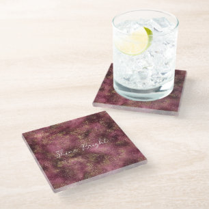 Burgundy Cherry Gold Glitter Sparkle    Glass Coaster