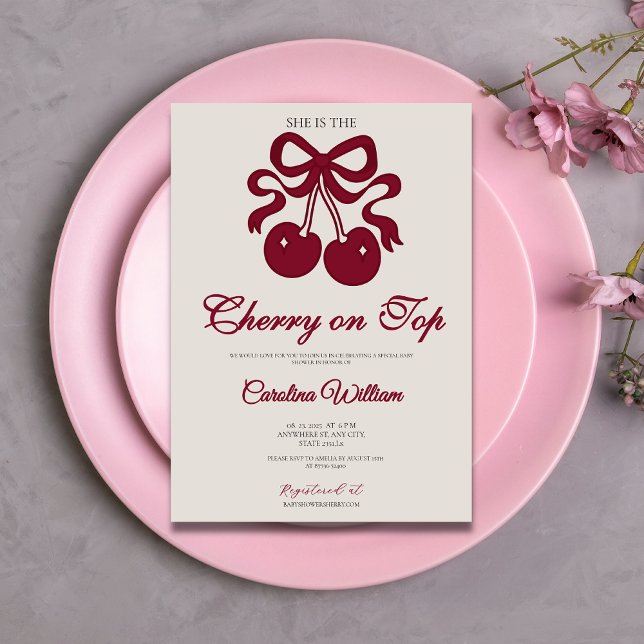 Burgundy cherry on top bow baby shower invitation (Creator Uploaded)