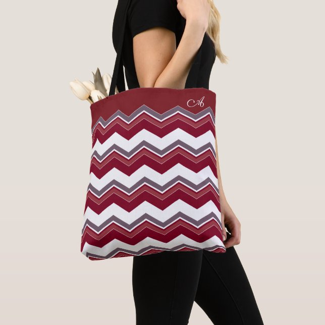 Burgundy chevron pattern with monogram tote bag (Close Up)