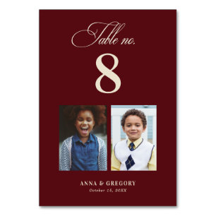 Burgundy Childhood Pictures Table Number 8 Wedding