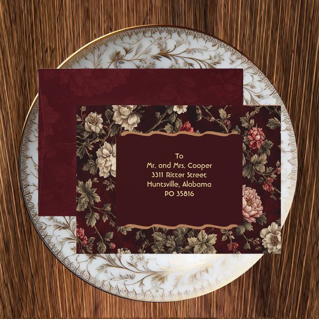 Burgundy Chinoiserie Christmas Romantic Wedding Envelope (Elegant Chinoiserie Christmas Romantic Wedding Envelope)