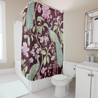 Burgundy Chinoiserie peacock floral