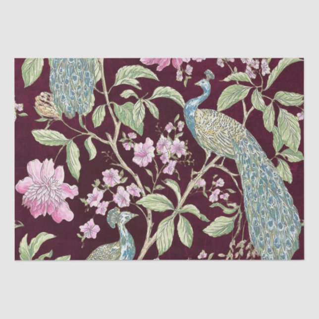Burgundy Chinoiserie peacock floral decoupage Tissue Paper (Front)