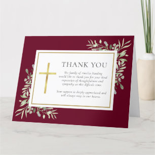 Burgundy Christian Funeral Watercolor Greenery  Thank You Card