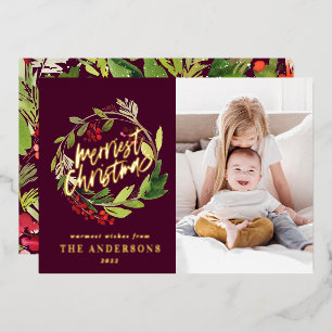 Burgundy Christmas botanical elegant modern photo Foil Holiday Card