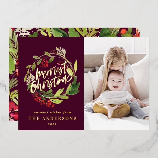Burgundy Christmas botanical elegant modern photo Foil Holiday Card (Front/Back)