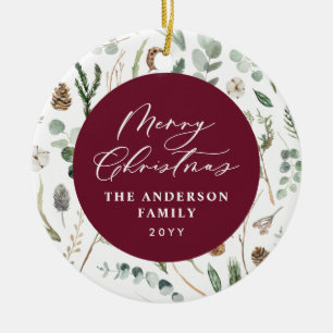 Burgundy Christmas minimal botanical photo Ceramic Ornament