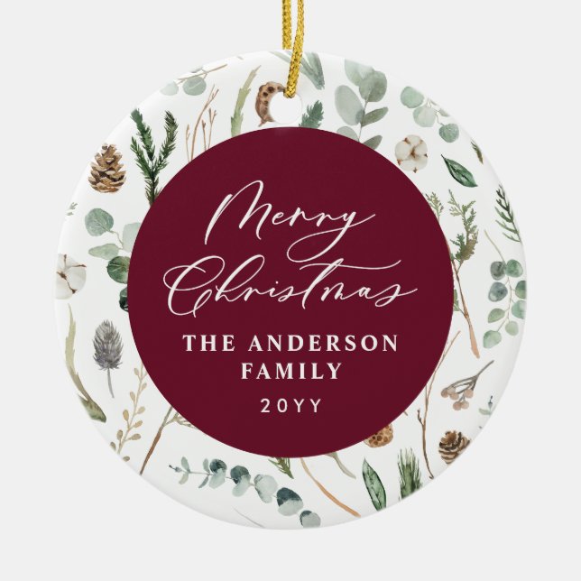 Burgundy Christmas minimal botanical photo Ceramic Ornament (Front)