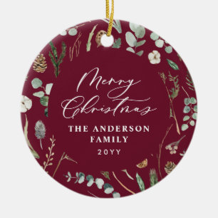 burgundy Christmas minimal elegant botanical photo Ceramic Ornament