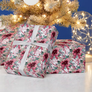 Burgundy Christmas Poinsettia Watercolor Wrapping  Wrapping Paper