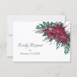 Burgundy Christmas Poinsettia Wedding RSVP Card