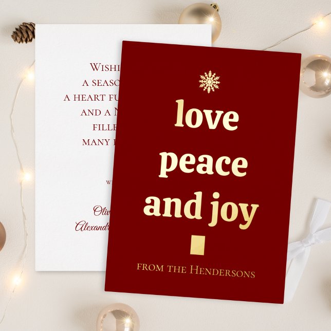 Burgundy Christmas Tree Minimalist Love Peace Joy Foil Holiday Card (Creator Uploaded)