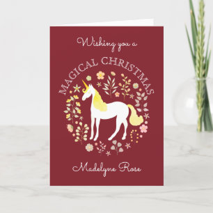 Burgundy Christmas Unicorn Whimsical Personalized Holiday Card