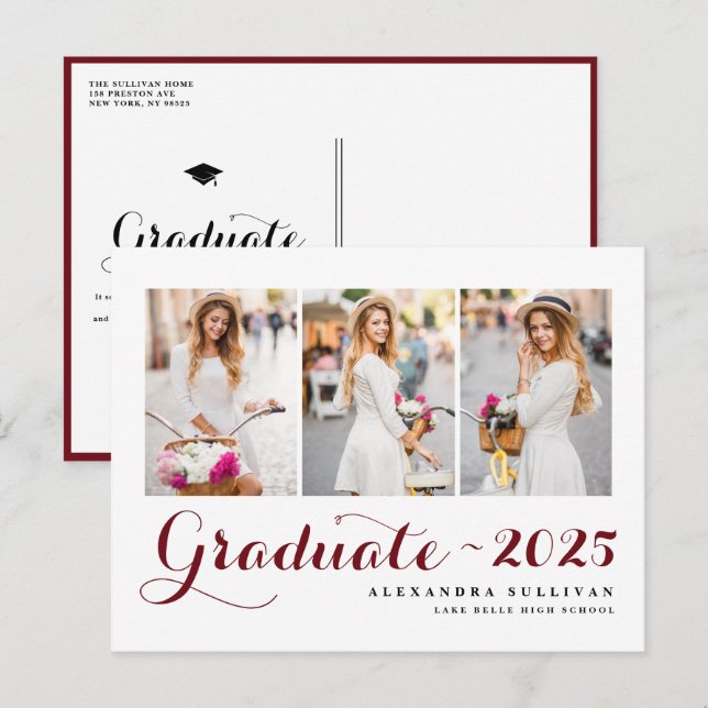 Burgundy Class of 2025 Photo Collage Graduation Announcement Postcard (Front/Back)