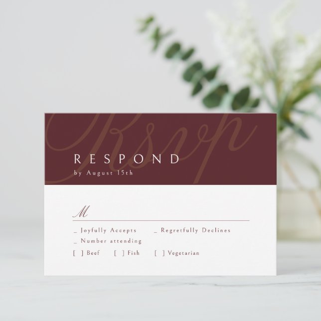 Burgundy Classic Elegance Calligraphy Wedding RSVP (Standing Front)