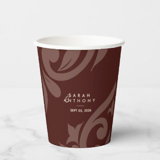 Burgundy Classic Script Luxe Damask Wedding Paper Cups