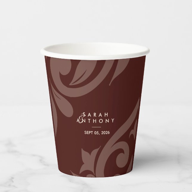Burgundy Classic Script Luxe Damask Wedding Paper Cups (Front)