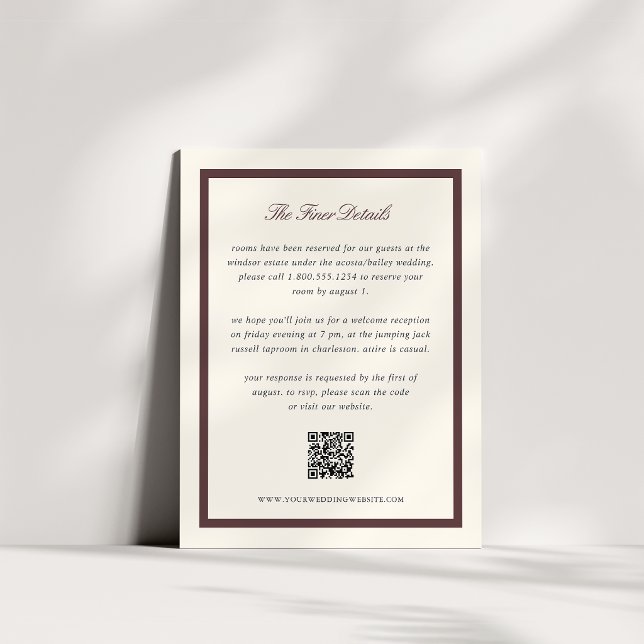 Burgundy Classic Script Wedding Details QR Code Enclosure Card (Creator Uploaded)