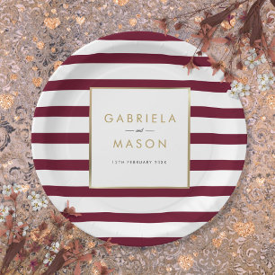 Burgundy Classic Stripe Faux Gold Foil Wedding Paper Plate