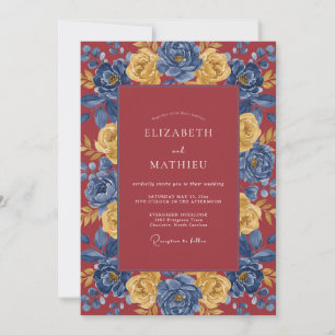 Burgundy Cobalt Bloom Wedding Invitation