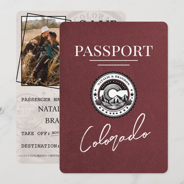 Burgundy Colorado Passport Save The Date (Front/Back)