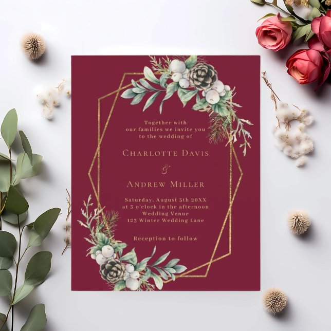 Burgundy cone greenery gold wedding invitation (Creator Uploaded)
