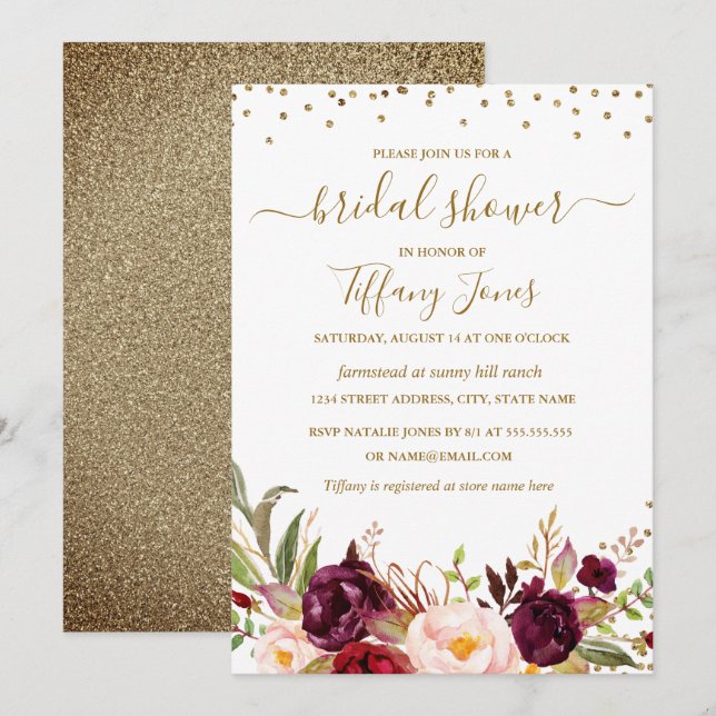 Burgundy Confetti Floral Gold Bridal Shower Invitation (Front/Back)