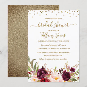 Burgundy Confetti Floral Gold Bridal Shower Invitation