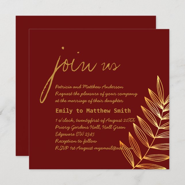 Burgundy Copper Leaf Wedding Invitation Modern (Front/Back)
