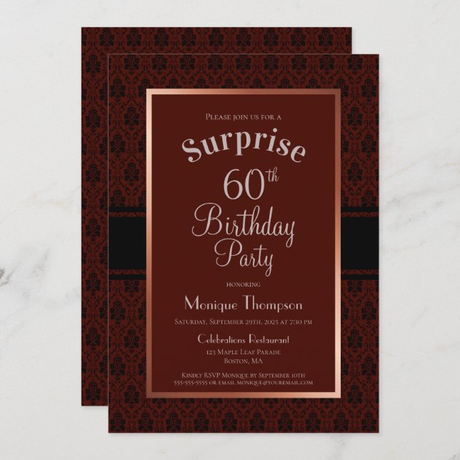 Burgundy Copper Surprise 60th Birthday Party Invitation (Front/Back)