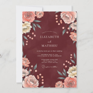 Burgundy Coral Leaf Wedding Invitation