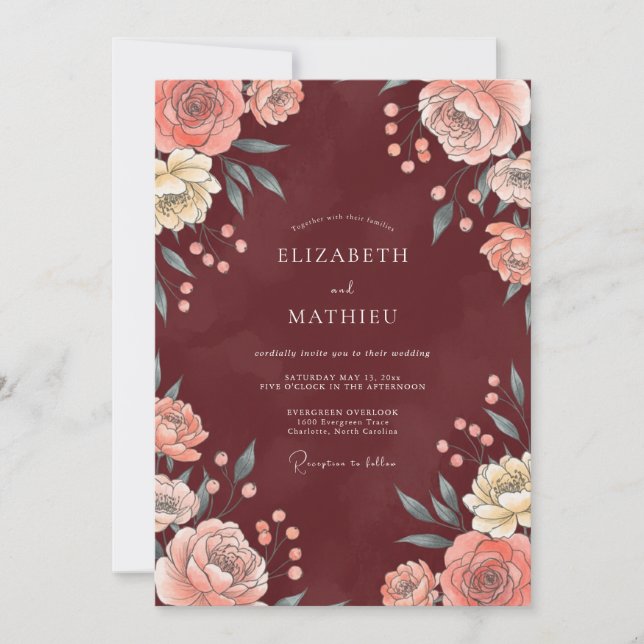 Burgundy Coral Leaf Wedding Invitation (Front)
