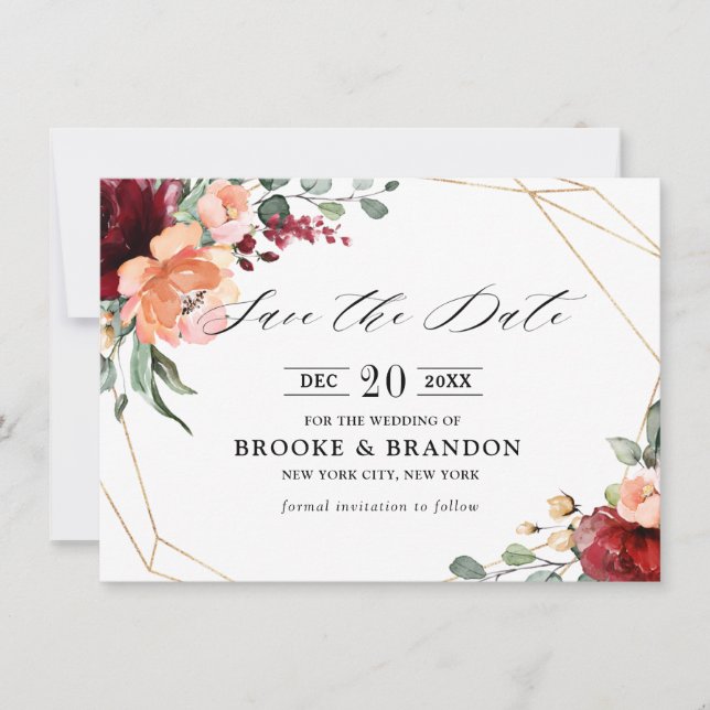 Burgundy Coral Orange Eucalyptus Save the Date (Front)